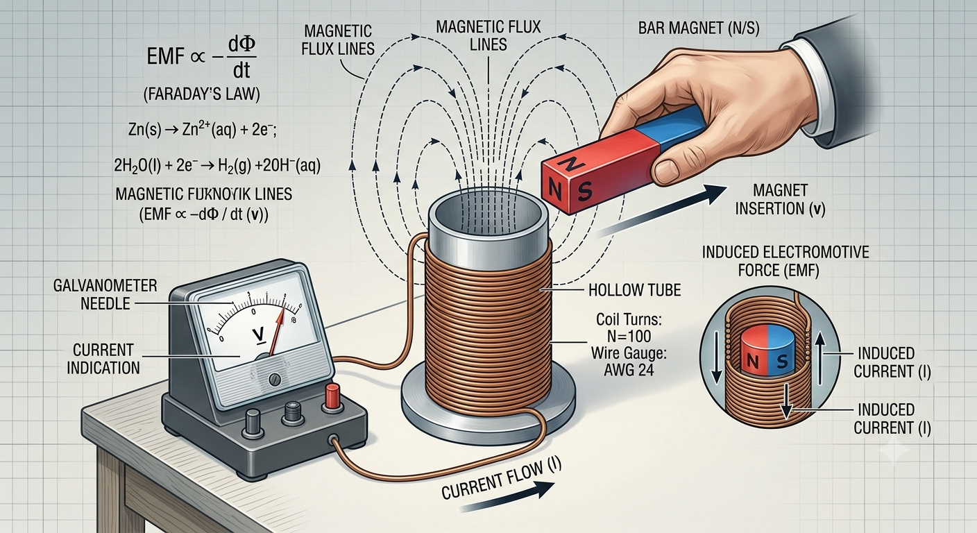 michael-faraday-electromagnetic-induction-law-experiment Vector engineering diagram showing a bar magnet moving through a copper coil connected to a galvanometer