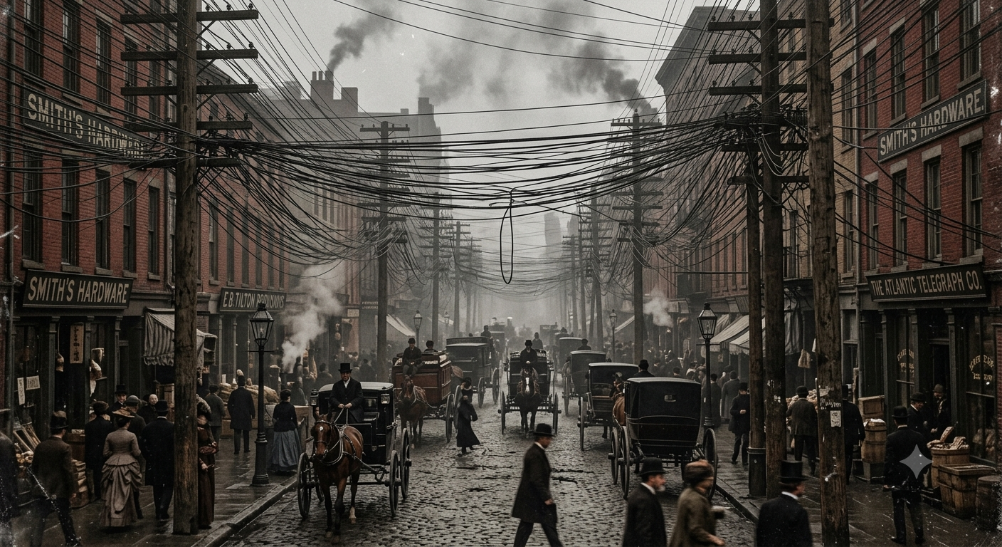 thomas-edison-pearl-street-station-nyc-dc-power-grid-wires Historical view of 1882 New York City streets cluttered with thick messy black overhead DC power lines