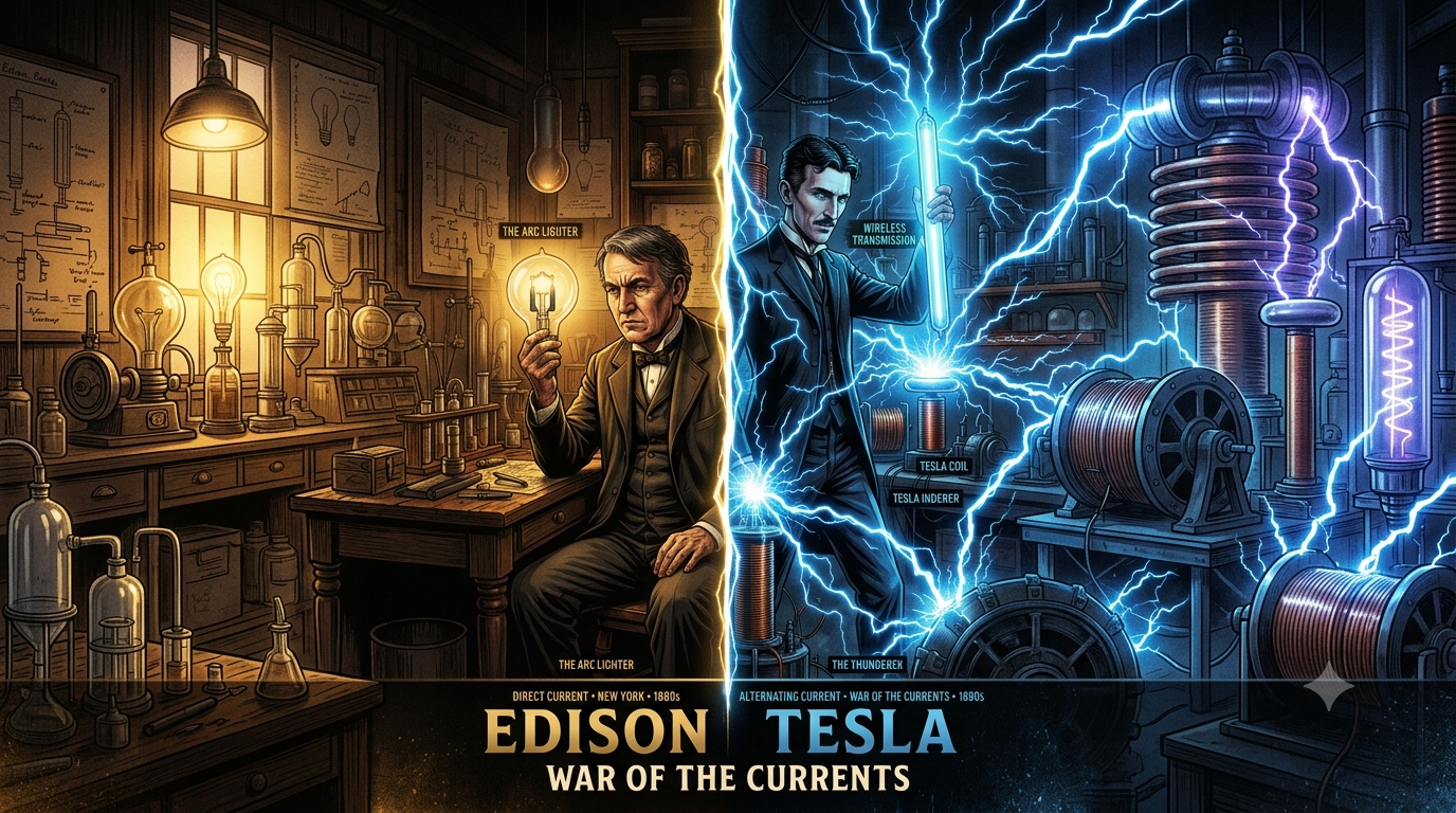 Large diameter salient pole rotor with projected poles wrapped in copper coils for hydro generator AC Generator & Alternator - Cinematic split poster of Thomas Edison and Nikola Tesla War of Currents