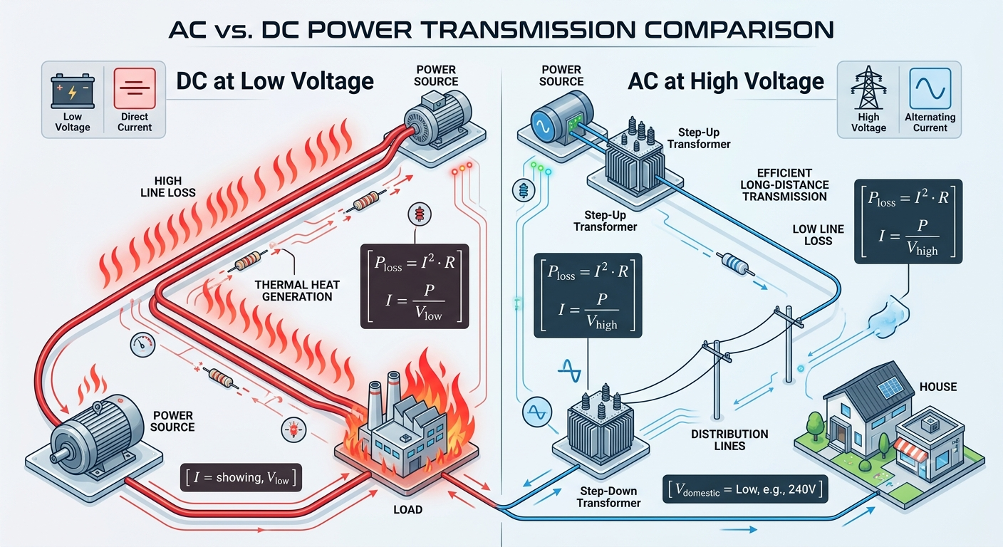 ac-vs-dc-voltage-step-up-power-transmission-loss-formula Engineering infographic comparing high current power line heat loss with high voltage transformer efficiency