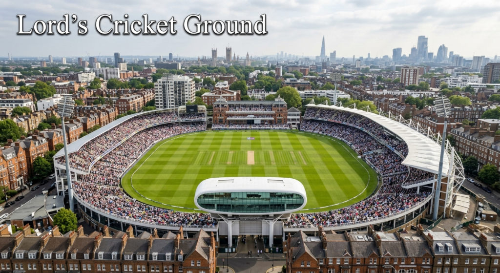 Lord's Cricket Ground – England's Historic Cricket Stadium Lord's Cricket Ground in London featuring its iconic Pavilion, lush green outfield and seam-friendly cricket pitch.