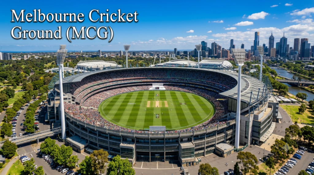 Melbourne Cricket Ground (MCG) – Australia Fast Bounce Cricket Pitch Melbourne Cricket Ground (MCG) in Australia showing a hard, fast and high-bounce cricket pitch with lush green outfield.