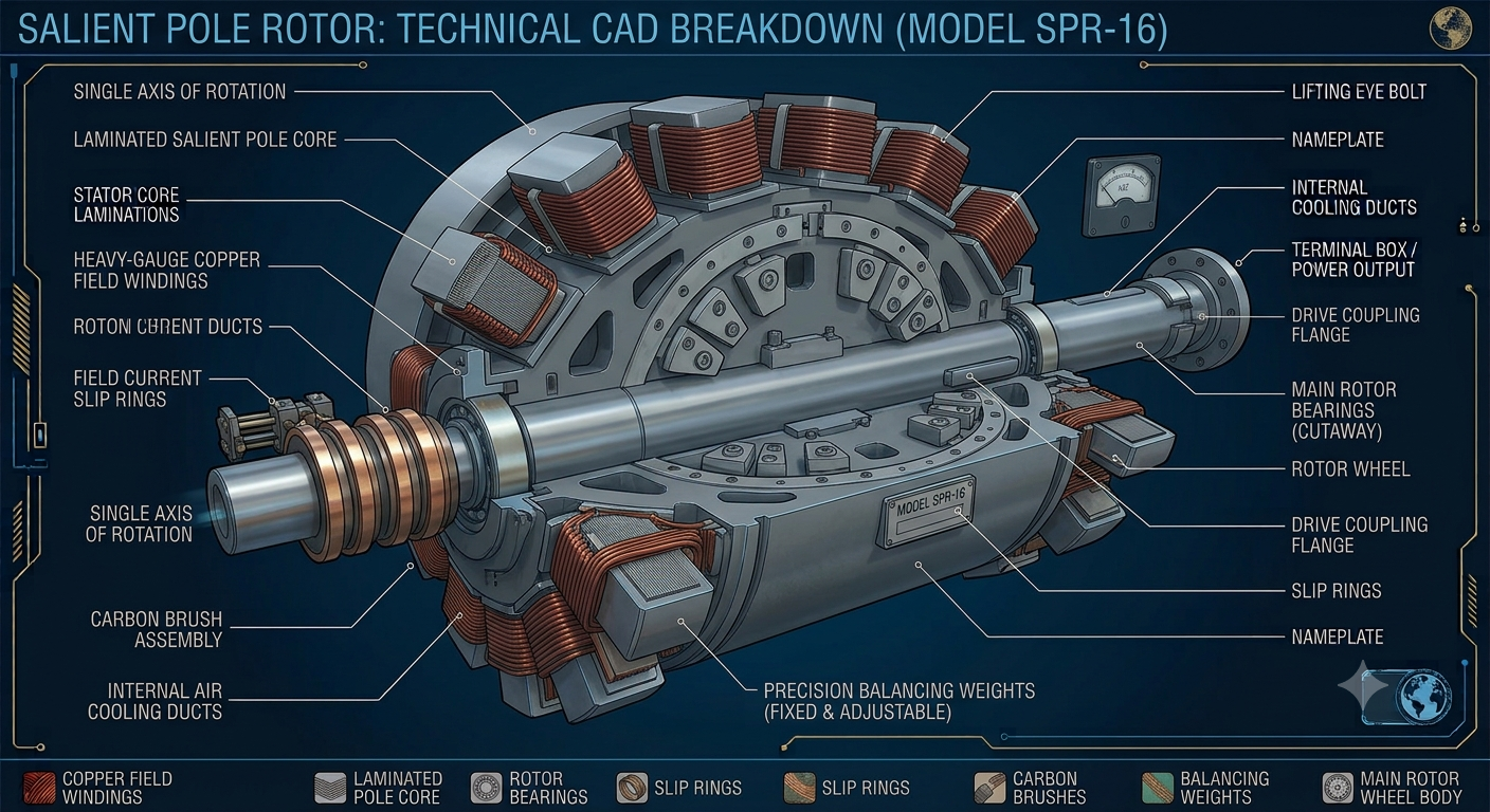 salient-pole-rotor-alternator-hydroelectric-plant Large diameter salient pole rotor with projected poles wrapped in copper coils for hydro generator