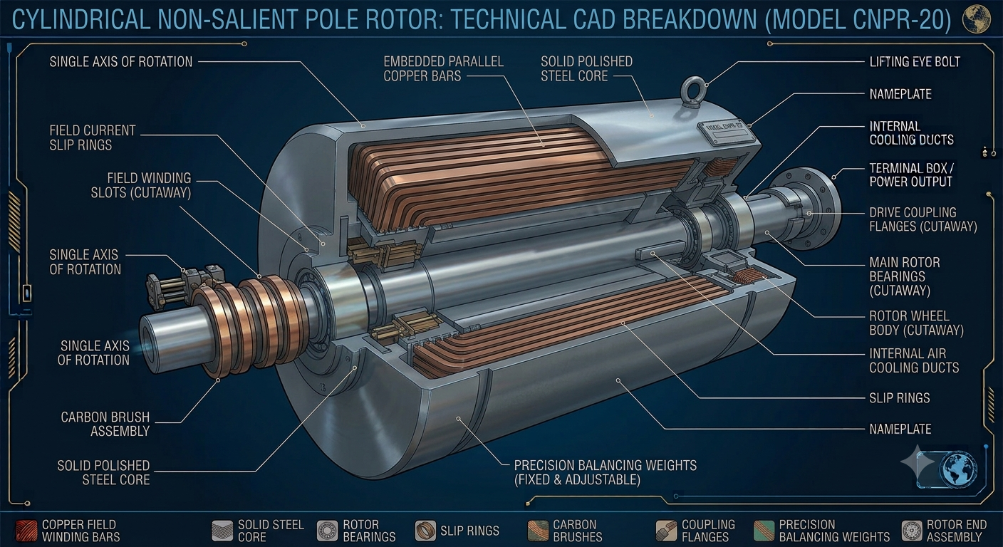 cylindrical-non-salient-rotor-turbo-generator Smooth cylindrical solid steel rotor with parallel copper bars for high speed steam turbine generator