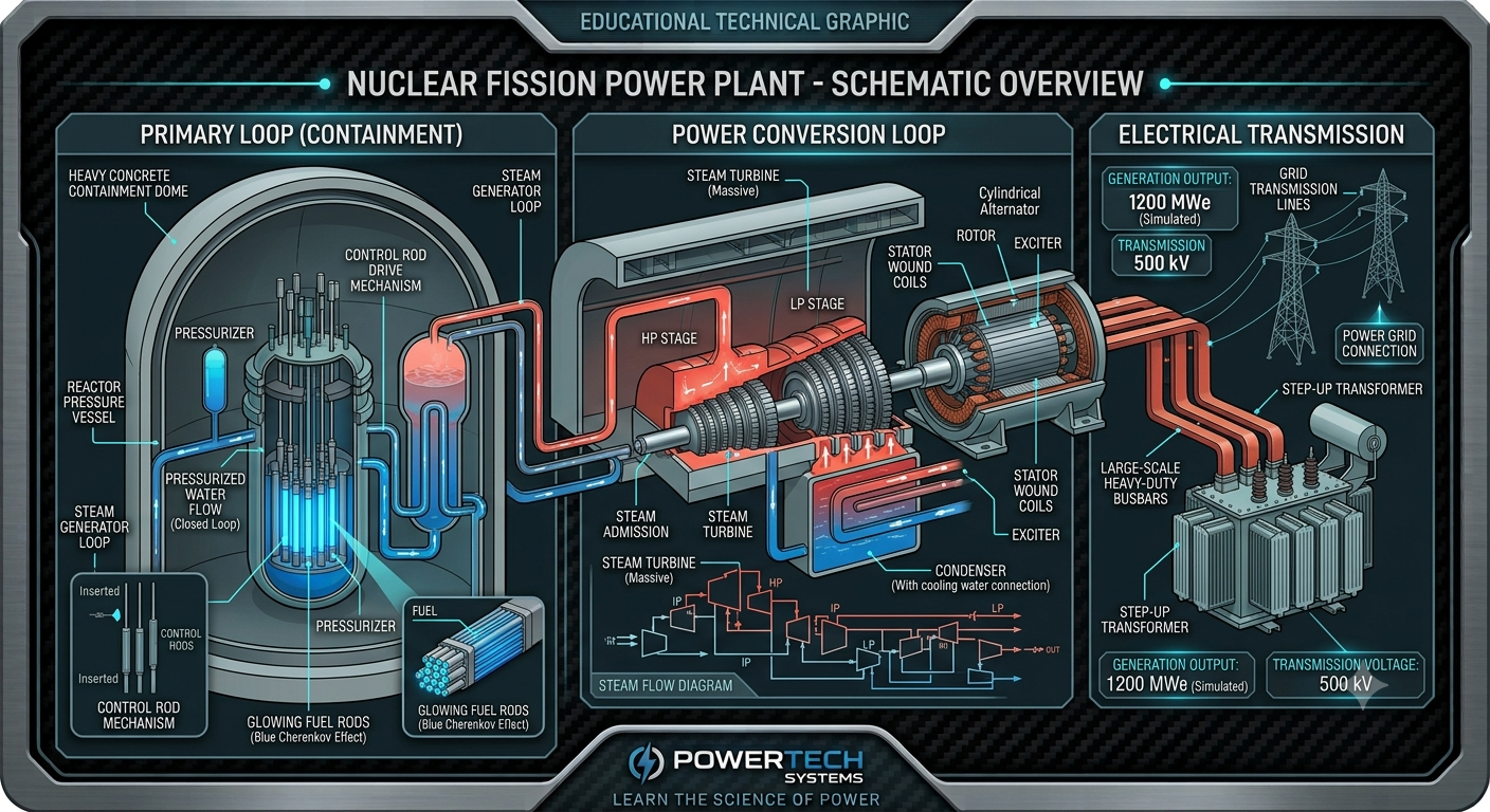 nuclear-fission-reactor-core-coolant-loop-steam-generator Cross section of a pressurized water nuclear reactor core showing fuel rods and water cooling steam loops