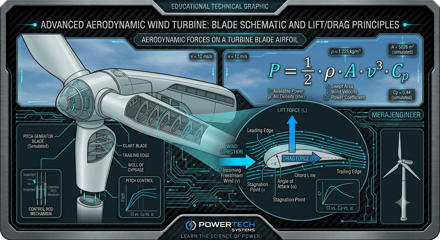 wind-turbine-blade-airfoil-lift-force-aerodynamics Vector physics diagram of a wind turbine blade cross-section explaining lift and drag force airflows