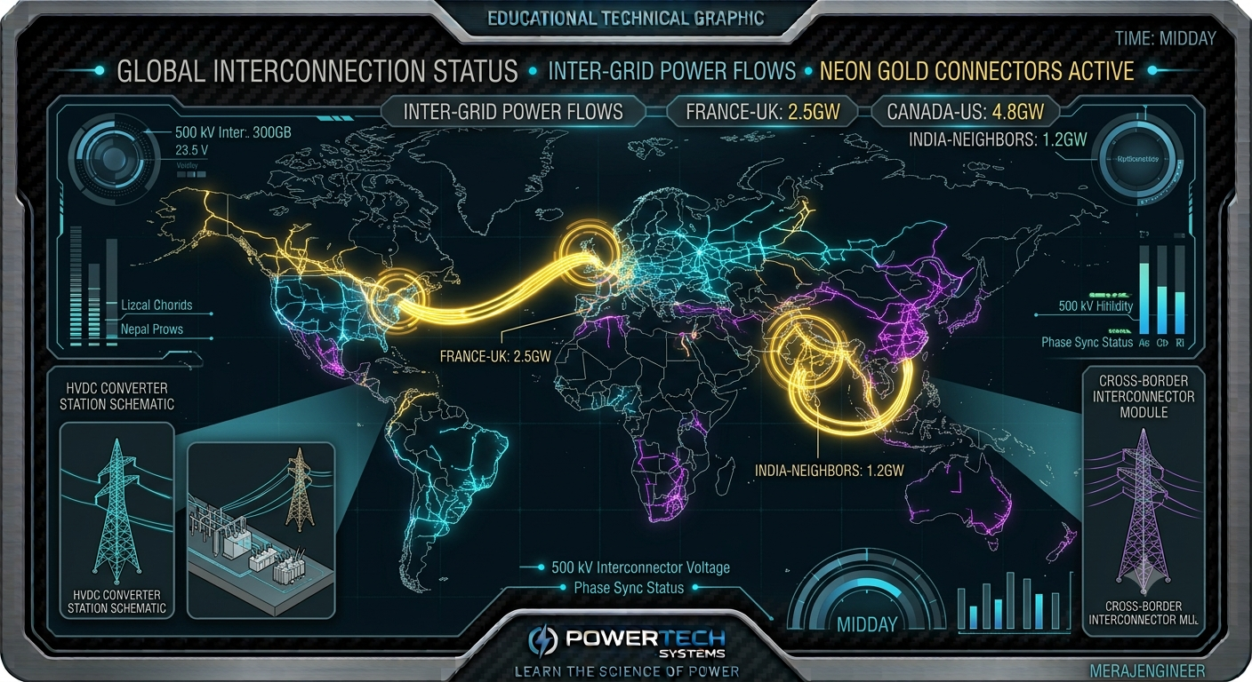 global-cross-border-electricity-trade-high-voltage-transmission-lines Holographic global map showing subsea HVDC cables and international transmission grids between countries