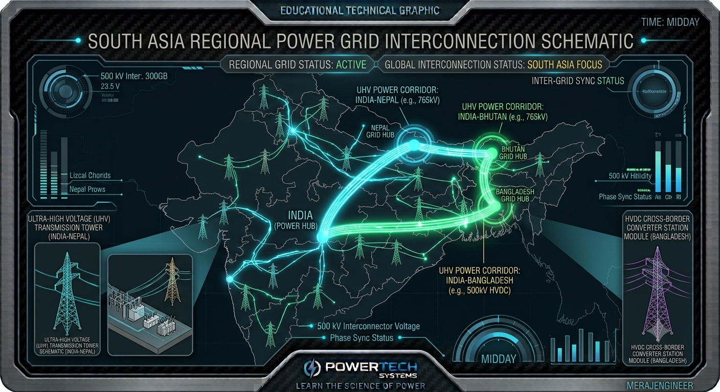 india-one-nation-one-grid-cross-border-power-transmission Map of India highlighted with synchronous grid corridors transmitting electricity to Nepal Bhutan and Bangladesh
