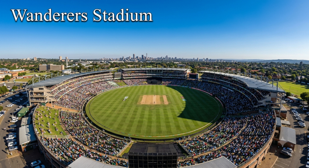 Wanderers Stadium – South Africa Fast Bouncy Cricket Pitch Wanderers Stadium in Johannesburg with a hard sandy-clay cricket pitch and vibrant green outfield under clear blue skies.