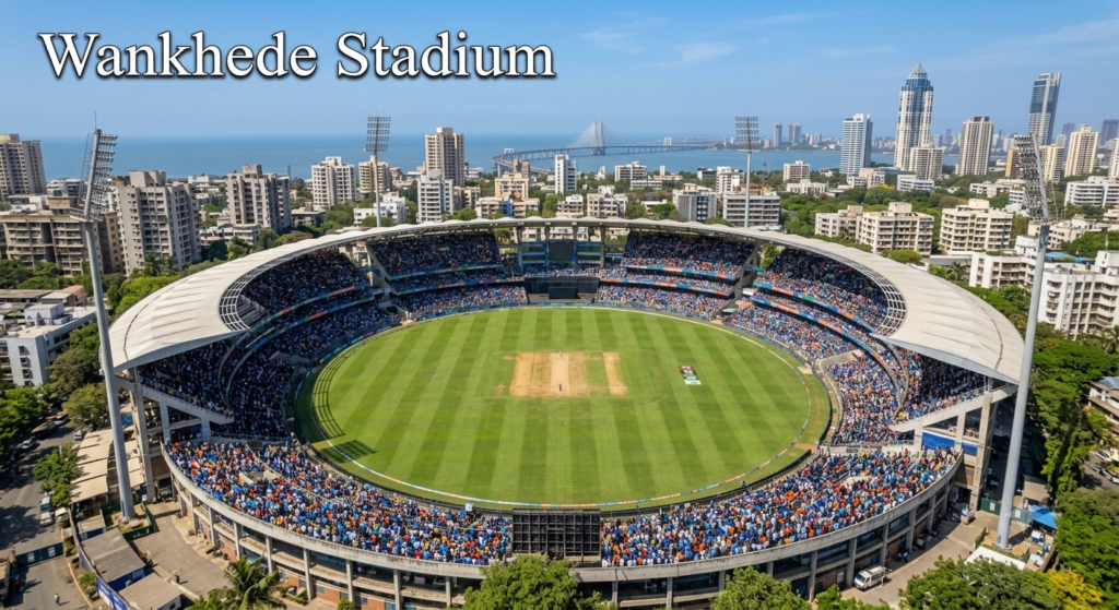 Wankhede Stadium – India's Spin-Friendly Cricket Pitch Wankhede Stadium in Mumbai with a dry cricket pitch, green outfield and modern stadium architecture.