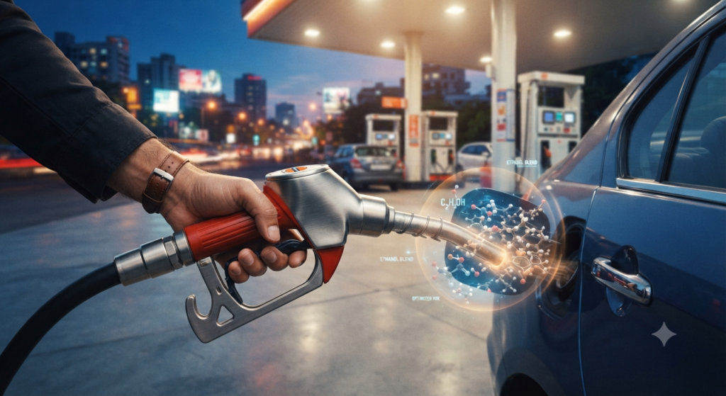 A visual representation of ethanol-blended petrol at an Indian fuel station.