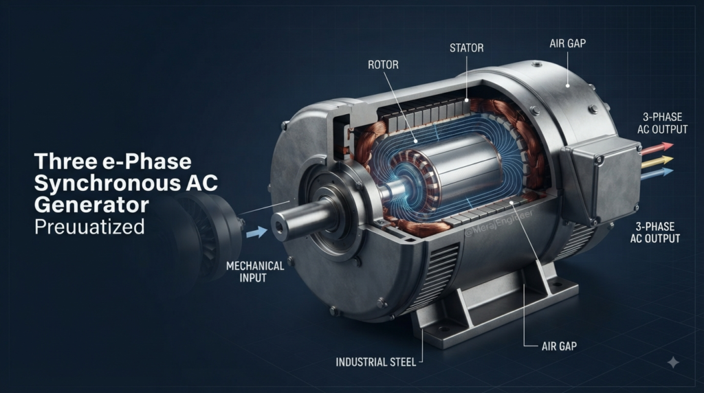 Industrial AC generator showing rotor stator magnetic field and three-phase AC power generation
