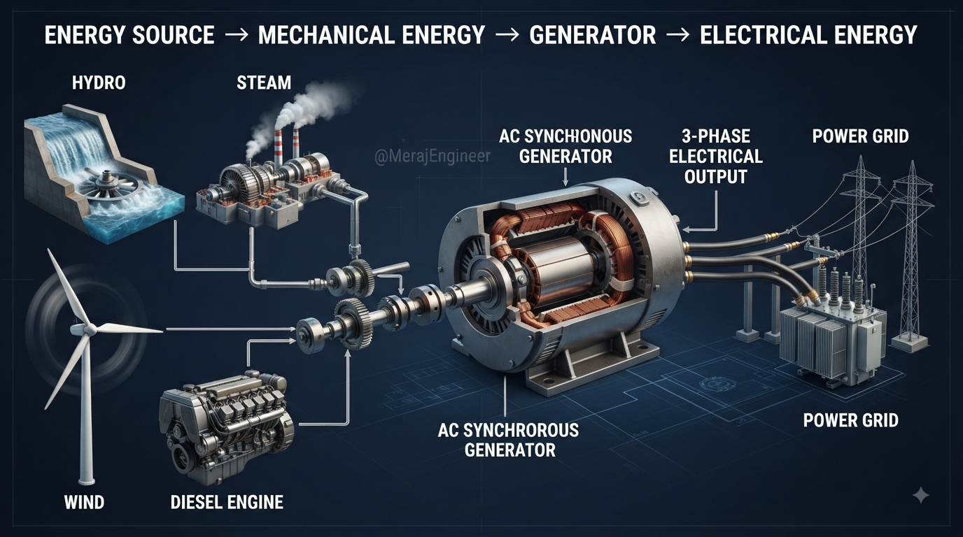 Different energy sources driving generators to produce electrical energy