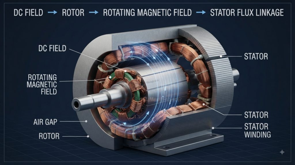 Rotating magnetic field from rotor interacting with stationary stator winding