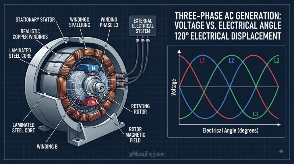 Three phase AC generation showing 120 degree phase displacement