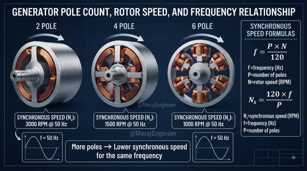 Relationship between synchronous generator poles RPM and frequency