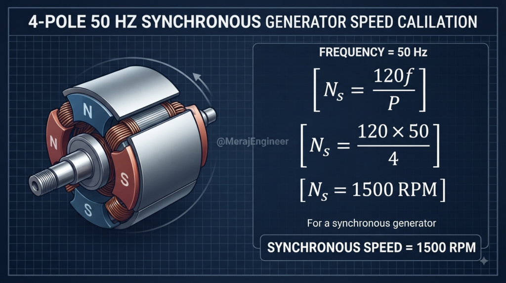 Calculation of 1500 RPM synchronous speed for four pole 50 Hz generator