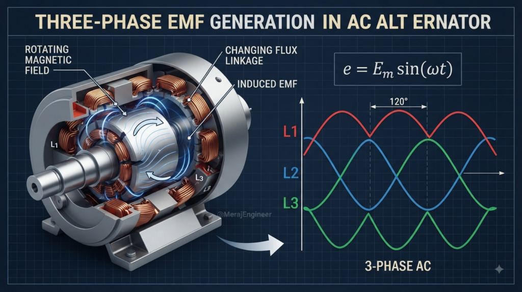 Rotating magnetic field producing sinusoidal three phase AC voltage in stator