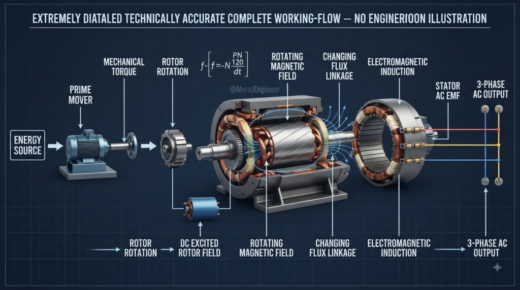 Complete AC generator working from prime mover and rotor rotation to three phase electrical output
