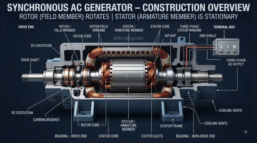 3D cutaway diagram of a synchronous AC generator showing the rotating field member rotor and stationary armature member stator with detailed components.