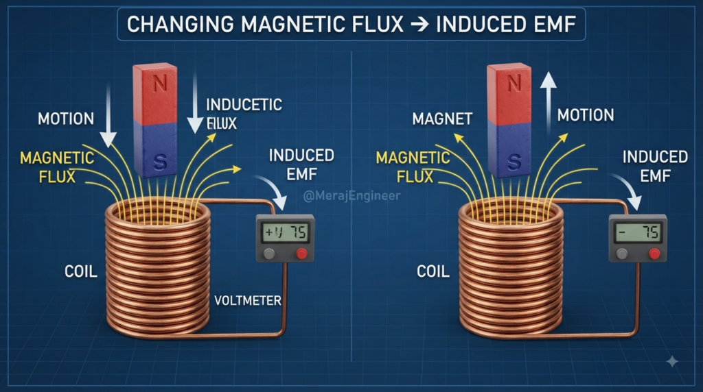 Electromagnetic induction showing changing magnetic flux inducing EMF in a coil