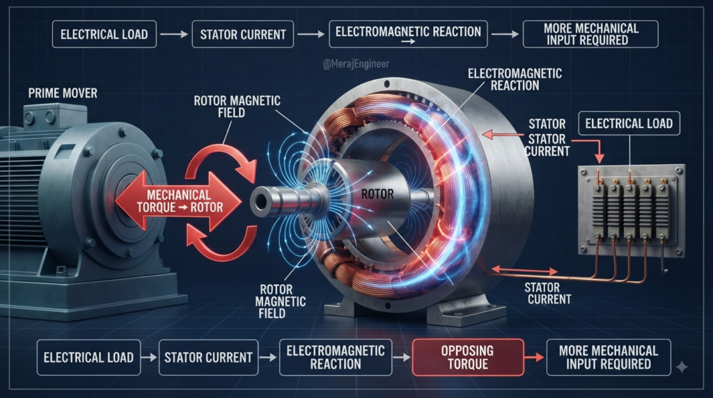 Lenz's law showing electromagnetic reaction and opposing torque in a loaded generator