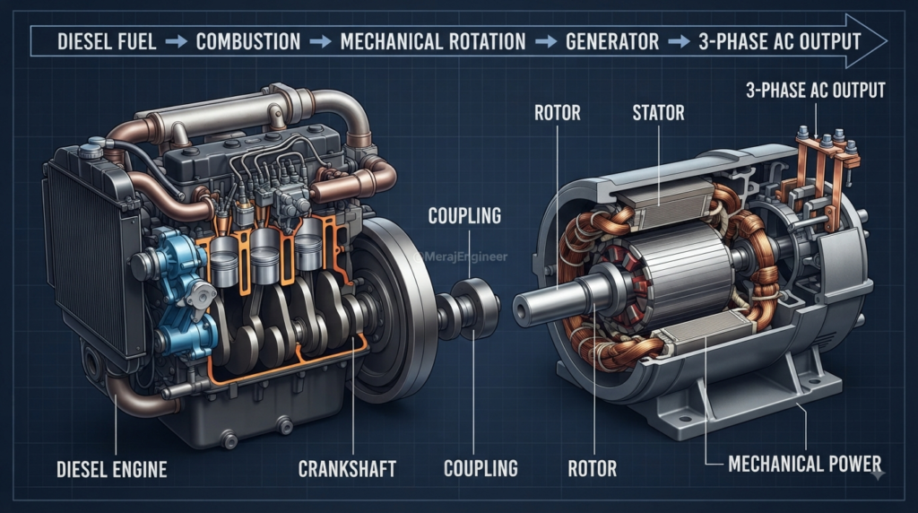Diesel engine mechanically coupled to a three phase synchronous AC generator