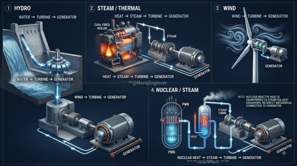 Hydro, Wind, and Nuclear energy conversion paths driving AC generators