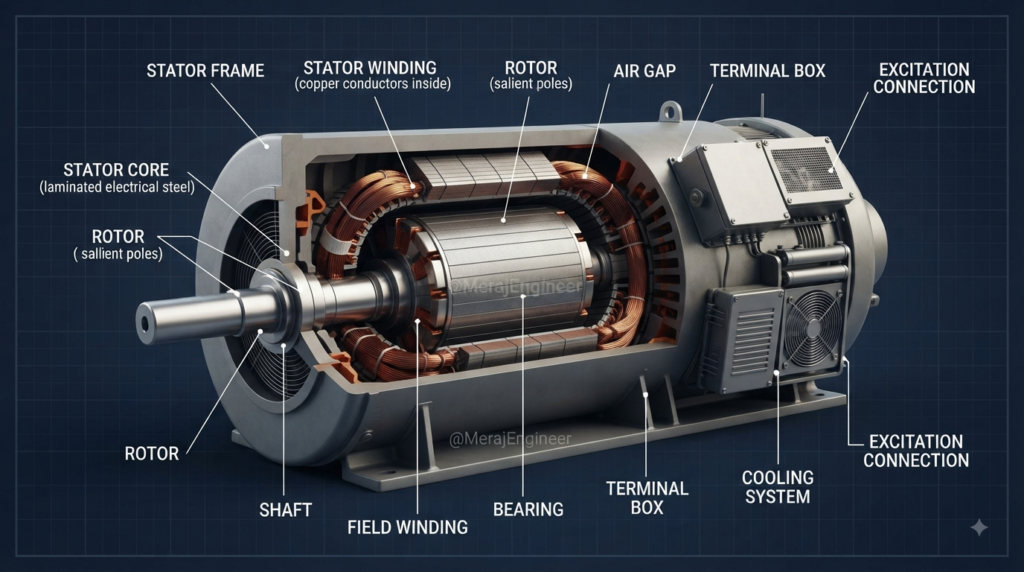 Major components of industrial AC generator showing stator rotor winding shaft bearings and excitation