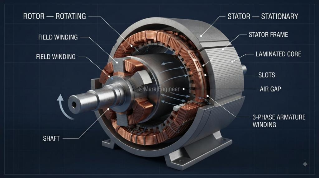 Rotor and stator of synchronous AC generator showing field and armature winding