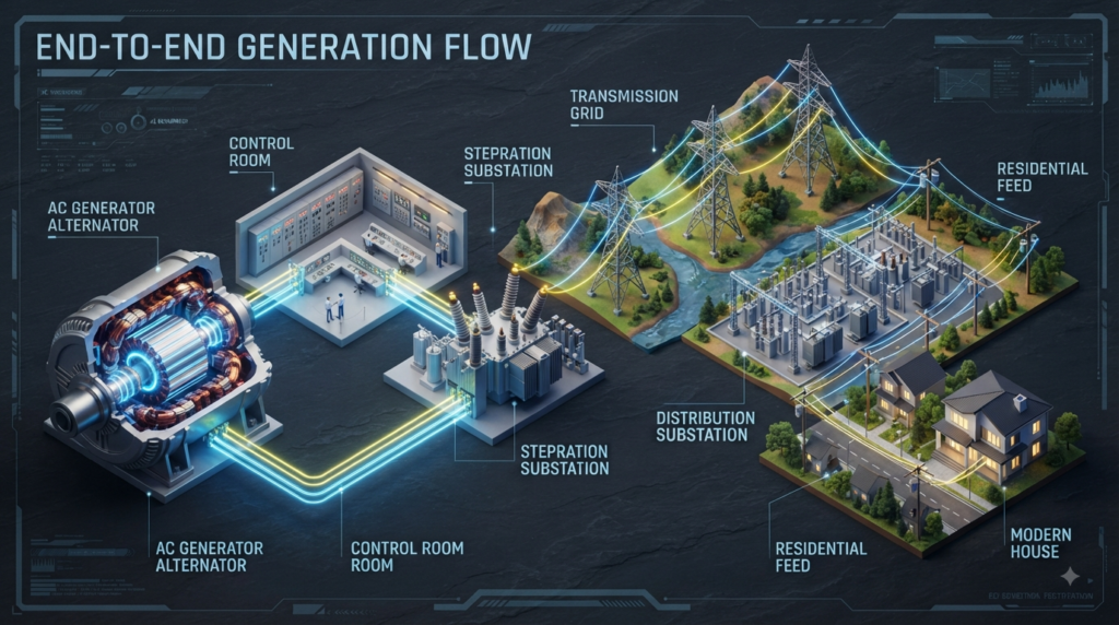 Diagram showing how AC generator produces electricity and transmits power from power plant to modern homes