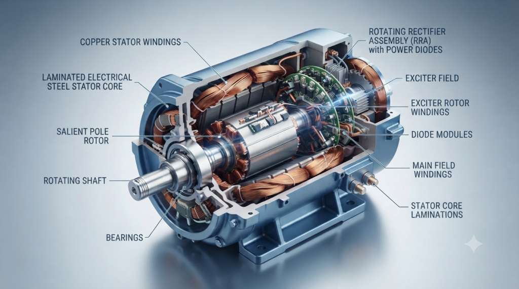 Synchronous Alternator 3D cutaway showing stator rotor shaft and rotating rectifier assembly
