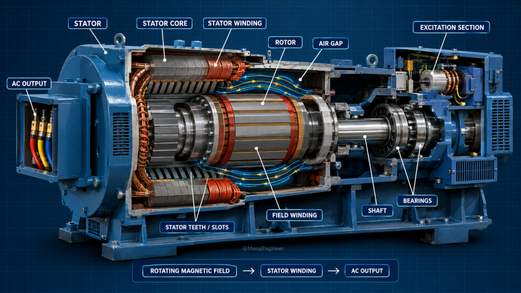 Three-phase synchronous alternator showing stator, rotor, air gap, shaft, bearings and electrical output