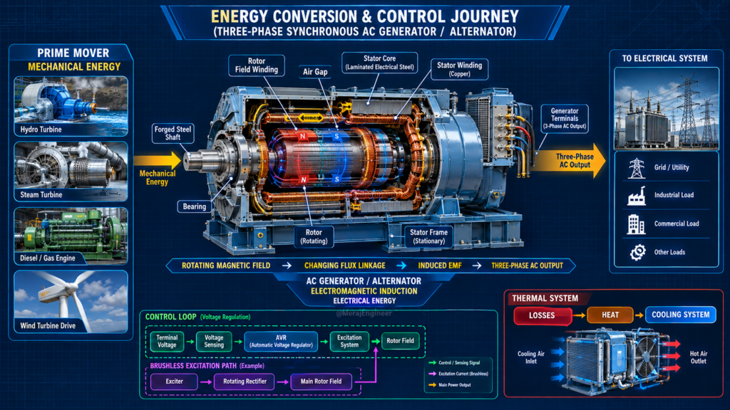 Complete energy and control flow from prime mover through alternator rotor and stator to three-phase AC output