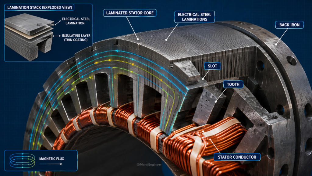 Close-up cutaway of laminated electrical steel stator core with slots and insulation