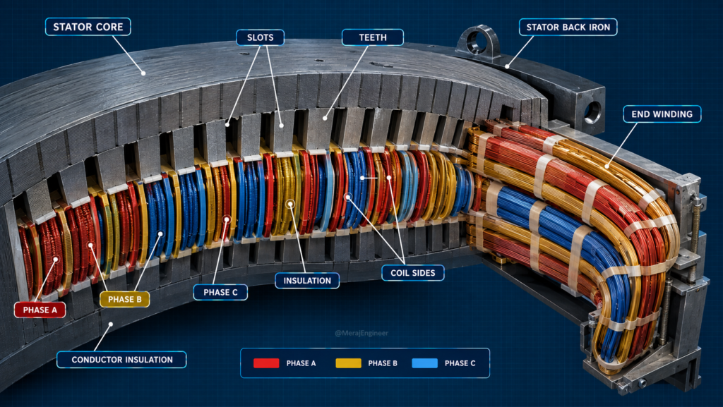 Three-phase distributed copper stator winding inside generator slots with visible end winding