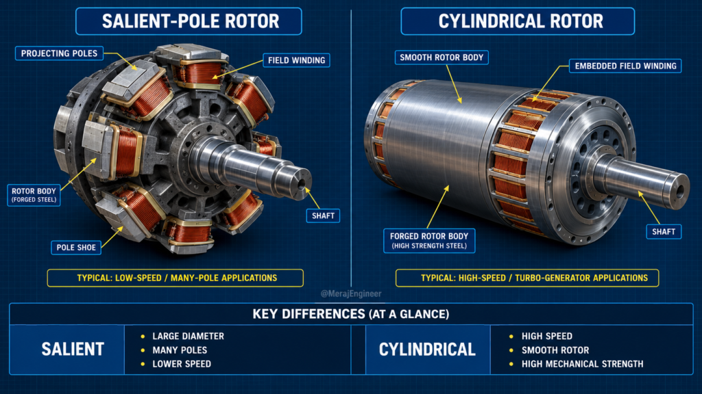 Engineering comparison of salient-pole and cylindrical rotors used in synchronous generators
