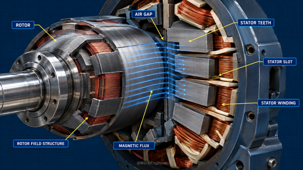 Close-up of rotor and laminated stator separated by the air gap in a synchronous alternator