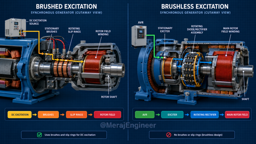 Comparison of brushed and brushless excitation systems for synchronous alternators