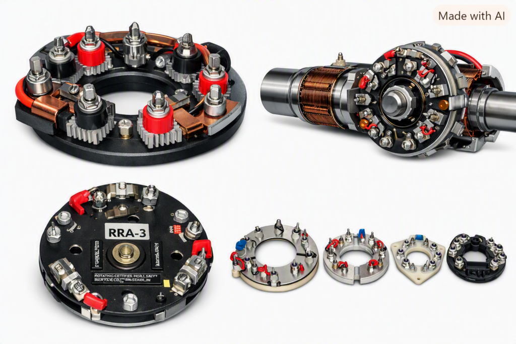 Rotating rectifier assembly showing power diodes mounted on a circular plate for synchronous generator