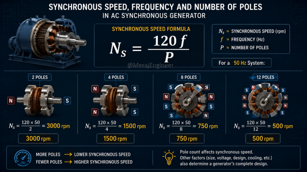 Synchronous generator speed relationship with frequency and number of poles at 50 Hz