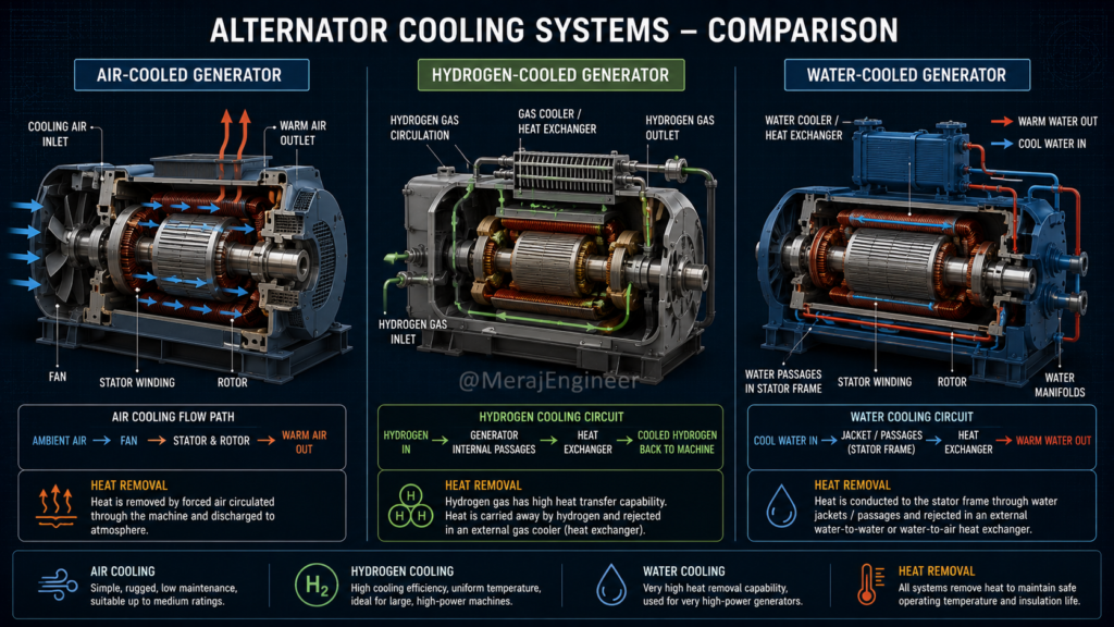 Engineering comparison of air, hydrogen and water cooling arrangements in large alternators