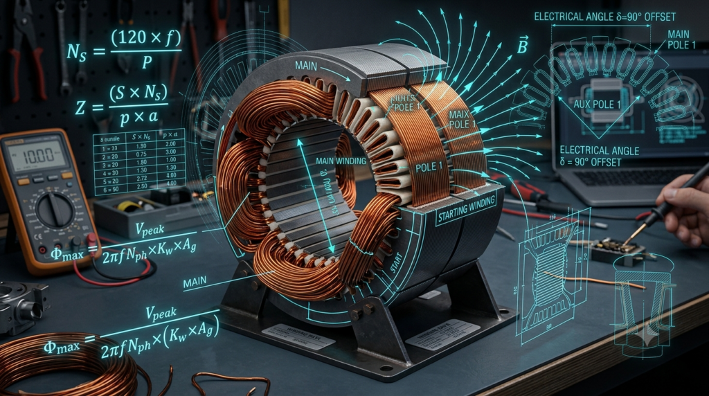 Single phase induction motor stator core winding data calculation banner featuring copper coils and technical formulas