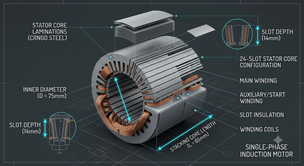 24 slot 4 pole single phase motor stator core inner diameter D and length L engineering measurement diagram