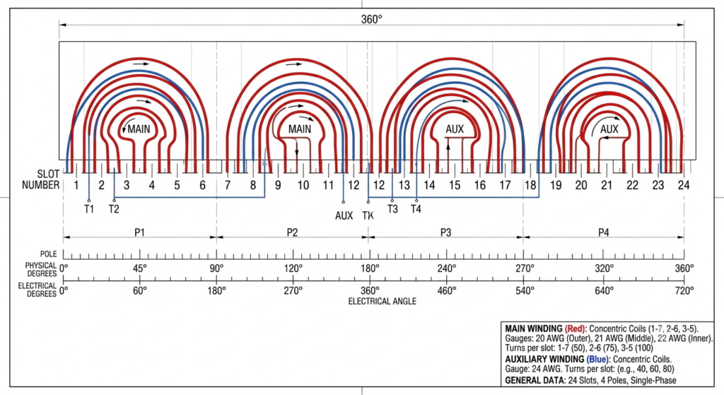 24 slot 4 pole single phase motor main and auxiliary winding layout pitch 1-7 2-6 3-5 diagram