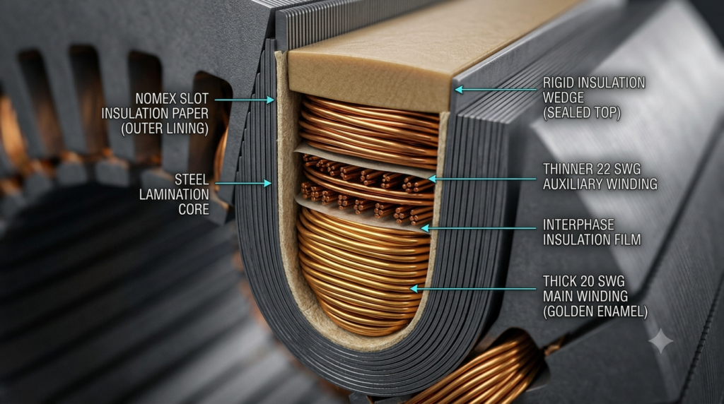 Motor stator slot cross section showing slot insulation paper 20 SWG 22 SWG copper wire fill and wedge