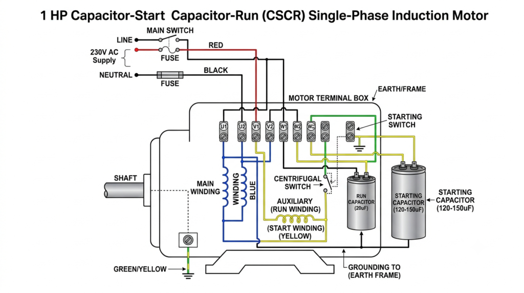 1 HP single phase induction motor connection diagram with run capacitor start capacitor and centrifugal switch